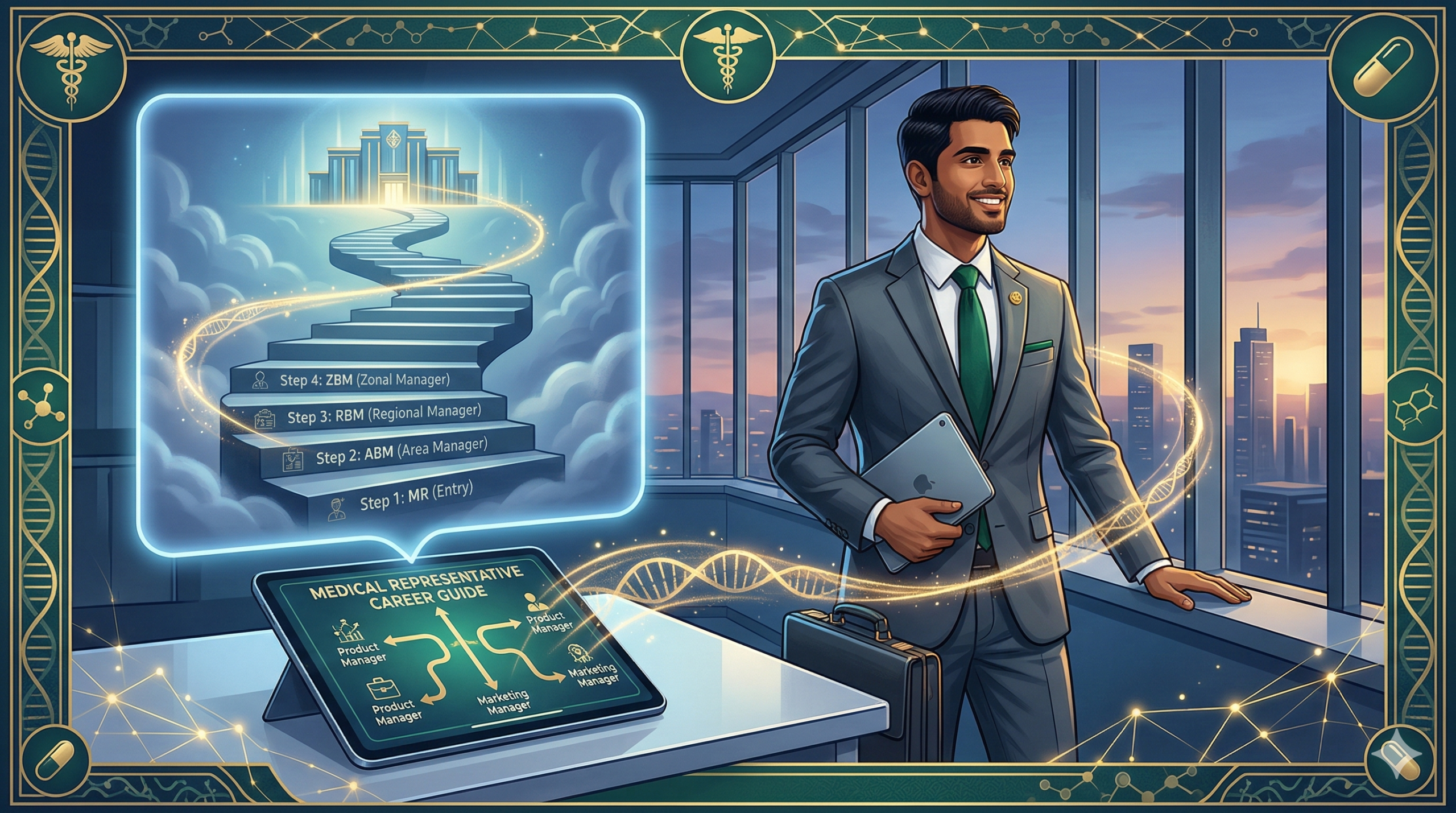 A successful professional looking at a digital roadmap for a Medical Representative Career, showing growth from MR to Zonal Manager.